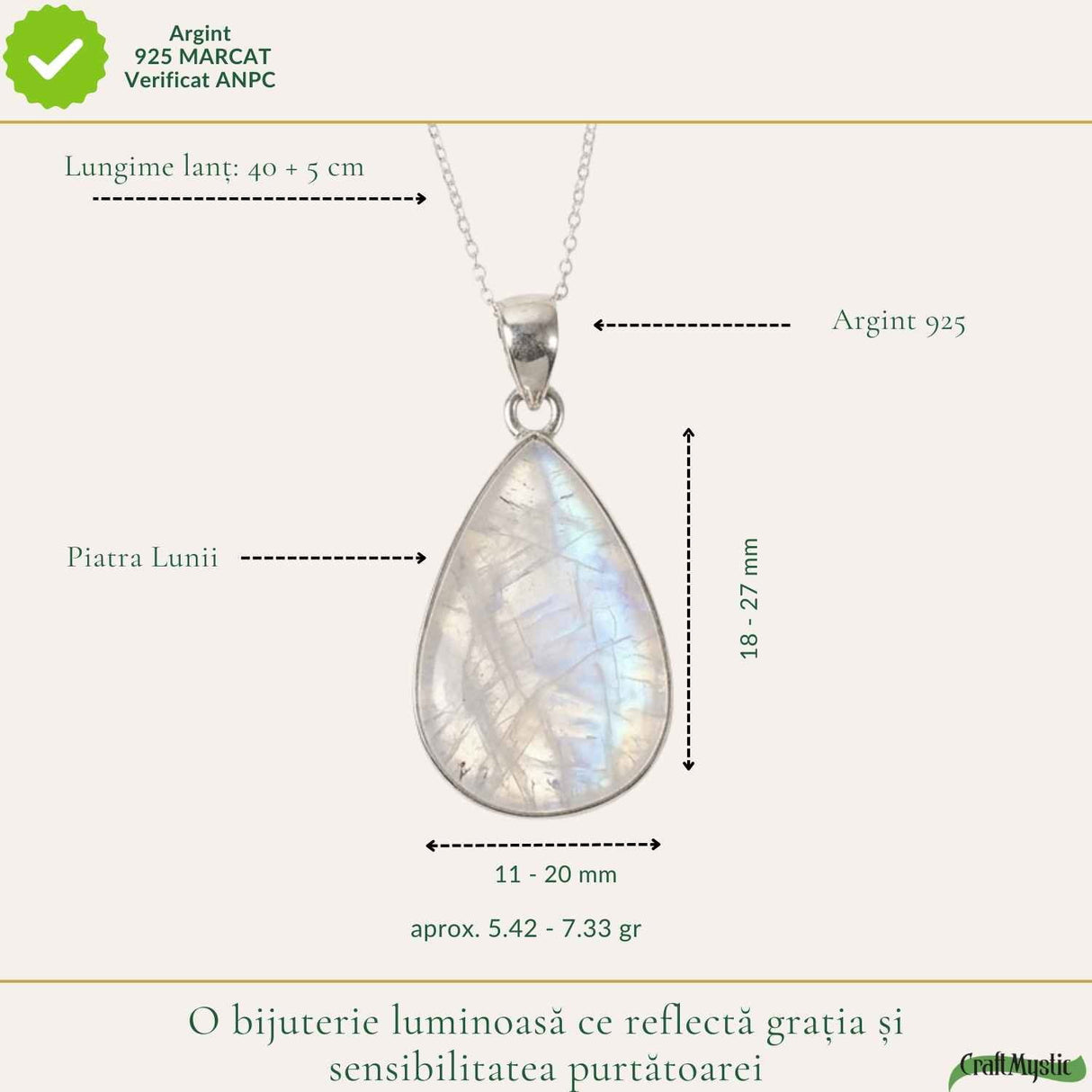 Colier Argint 925 cu Piatra Lunii Lacrima – Intuitie si Feminitate Eleganta