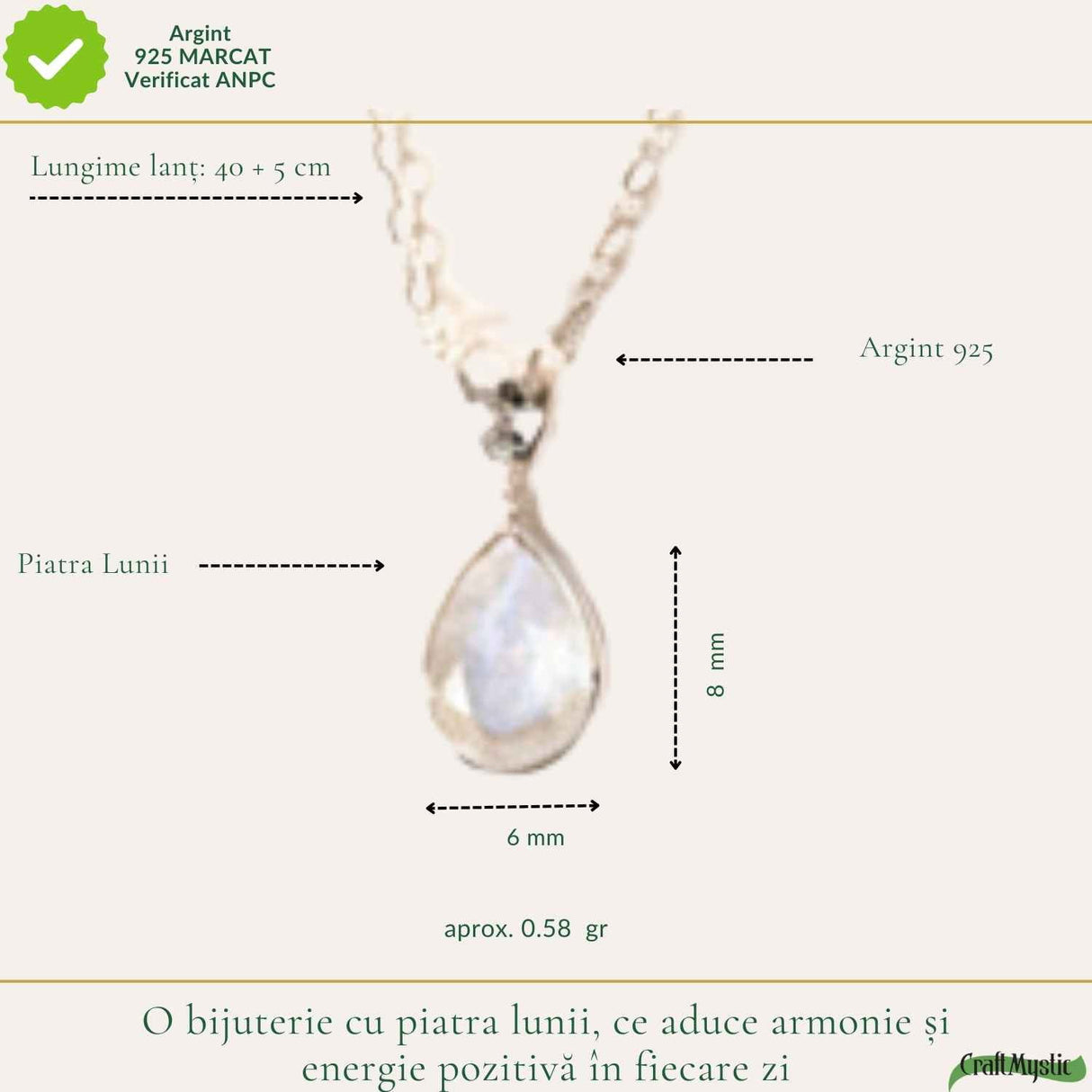 Colier Argint 925 cu Piatra Lunii Lacrima fatetat– Delicatete si Intuitie Feminina