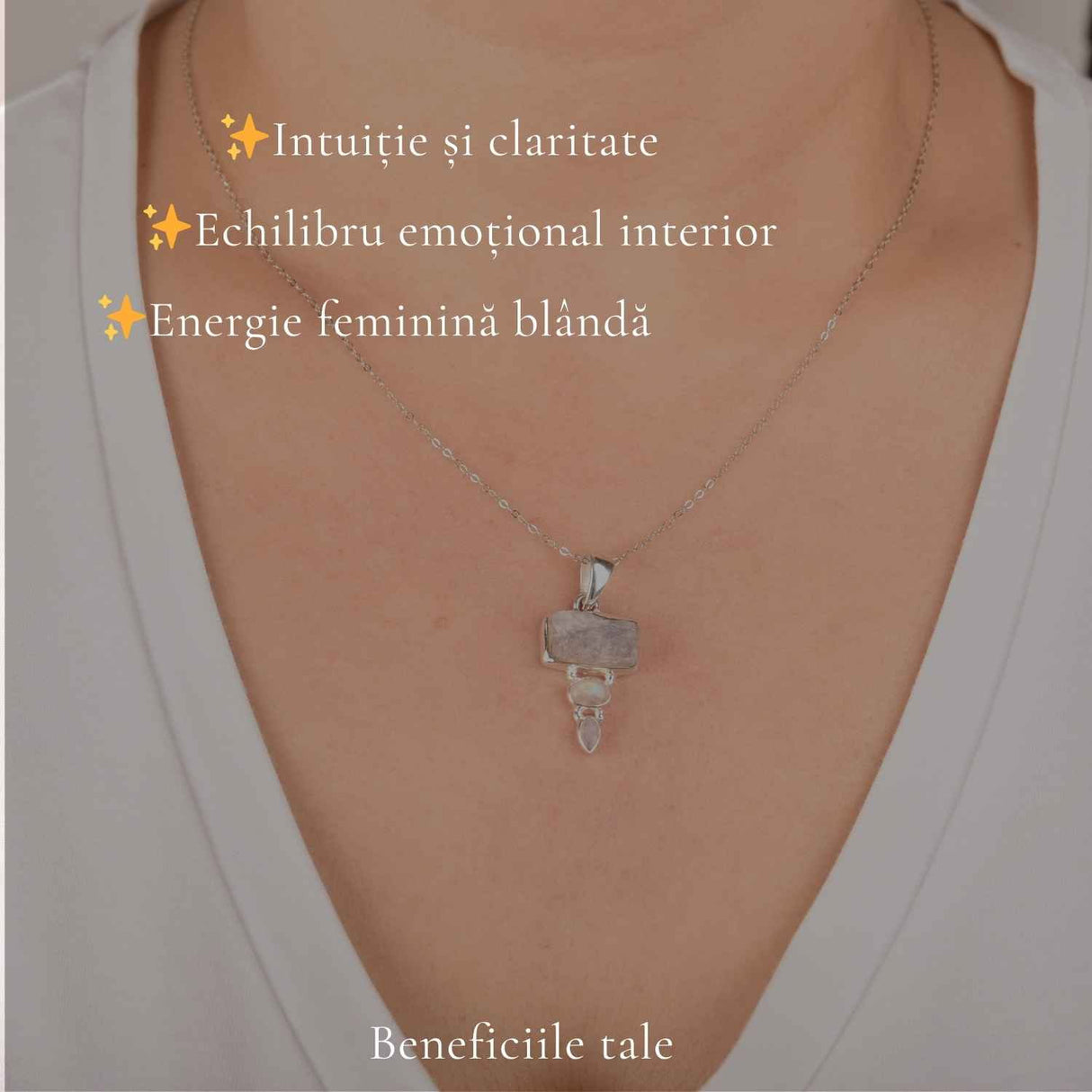 Colier Argint 925 cu Tripla Piatra Lunii – Intuitie si Echilibru Emotional