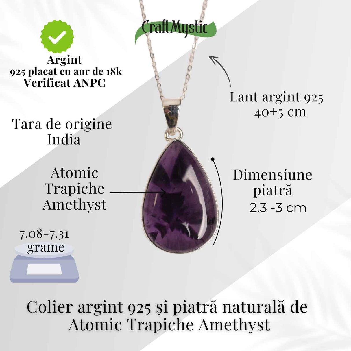 Colier argint 925 cu piatra naturala Atomic Trapiche Amethyst in forma de lacrima - Purtator al Luminilor Spirituale