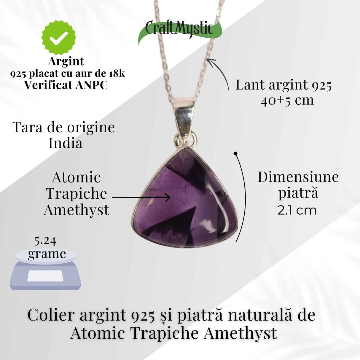 Colier argint 925 cu piatra naturala Atomic Trapiche Amethyst triunghiular - Protectie si Claritate Spirituala