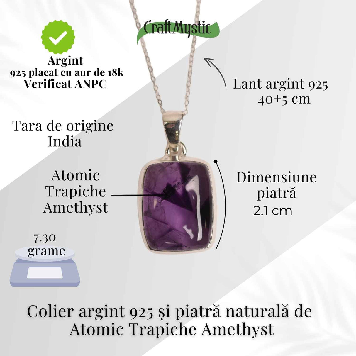 Colier argint 925 cu piatra naturala Atomic Trapiche Amethyst dreptunghiular - Claritate si Echilibru Divin