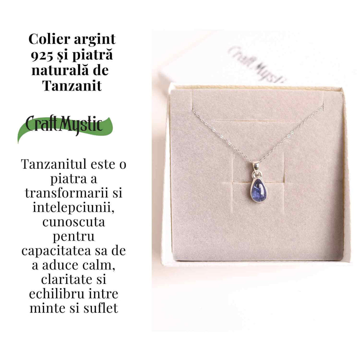 Colier argint 925 cu piatra naturala Tanzanit lacrima - Claritate, Intuitie si Renastere Interioara