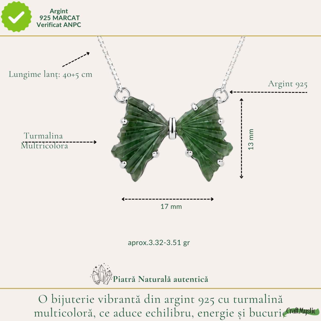 Colier Argint 925 cu Turmalina Multicolora Fluture – Bucurie si Energie