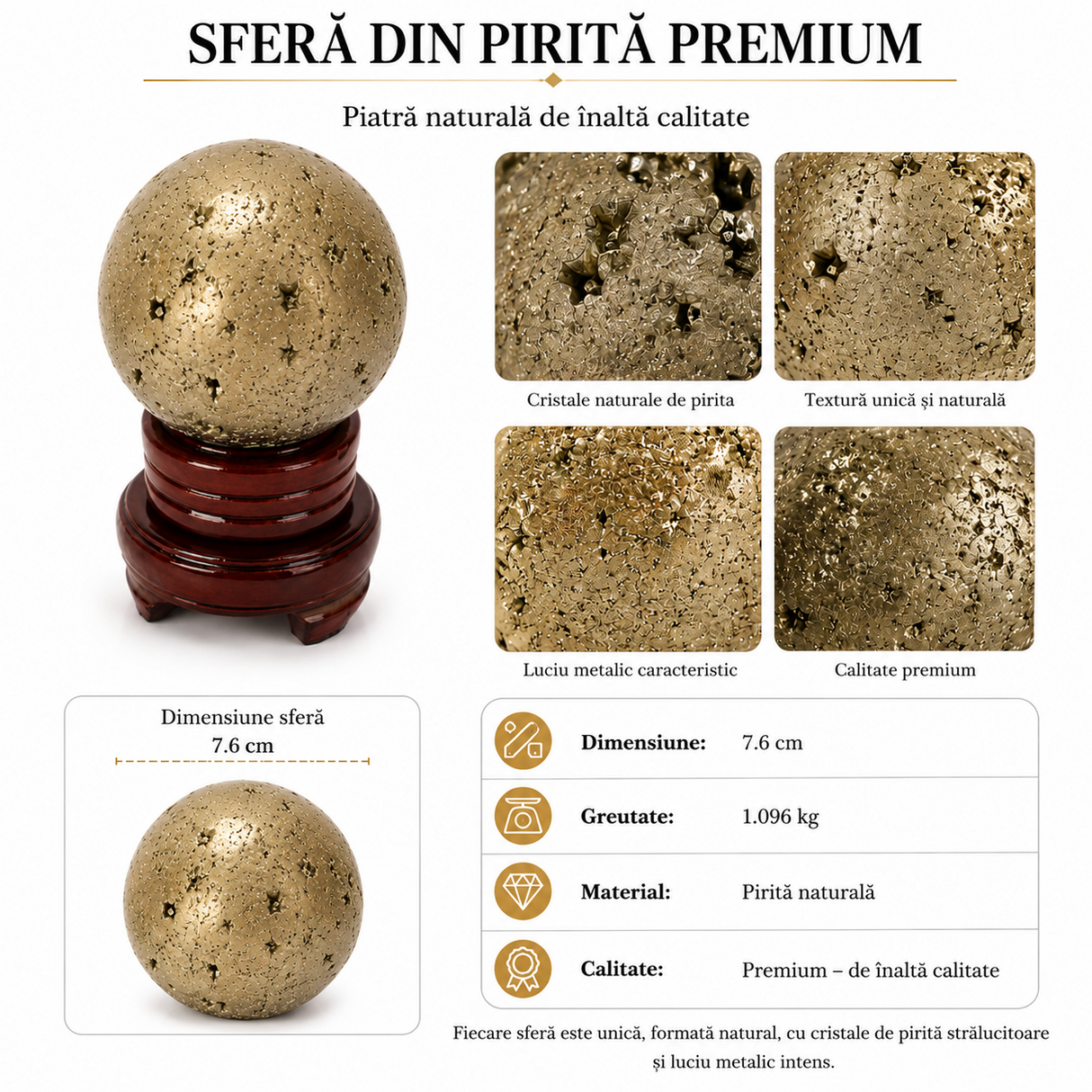 Sfera din Pirita Naturala Premium cu Suport – Prosperitate si Protectie Energetica