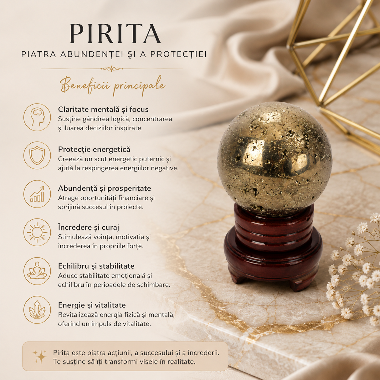 Sfera din Pirita Naturala Premium cu Suport – Prosperitate si Protectie Energetica
