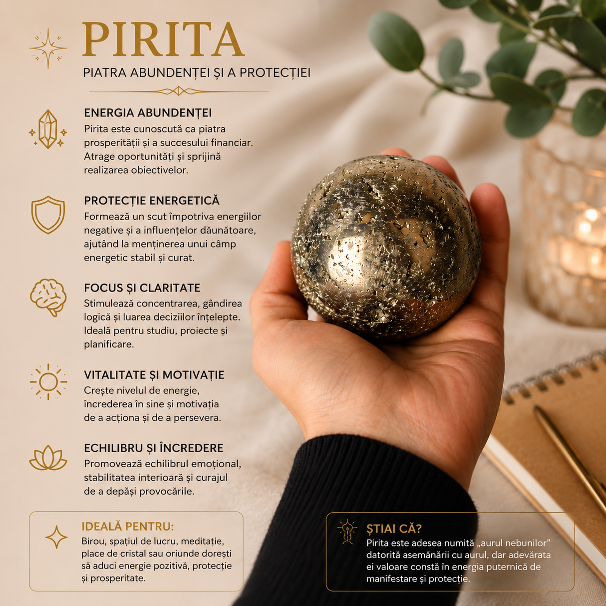 Sfera din Pirita Naturala Premium cu Suport – Prosperitate si Protectie Energetica
