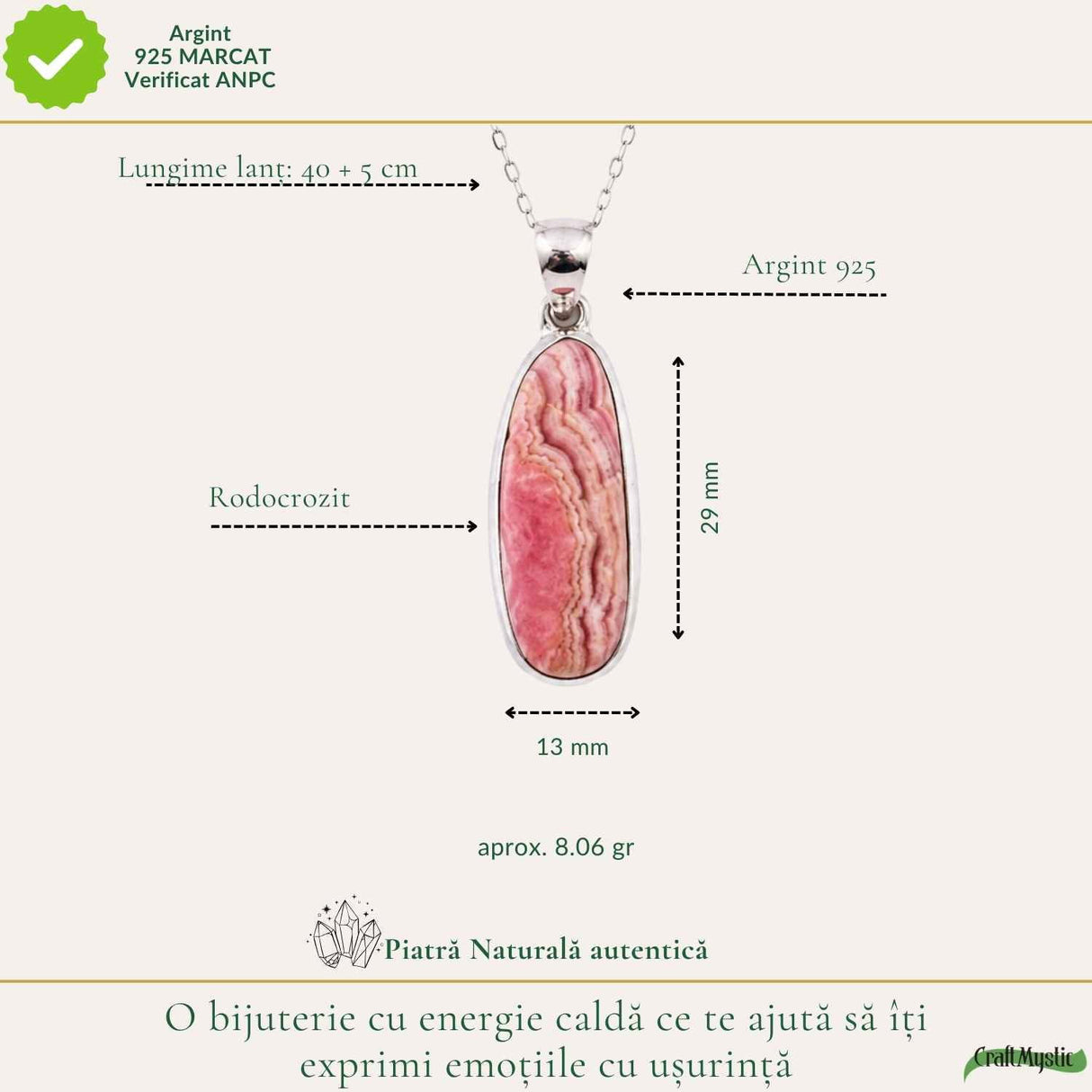 Colier Argint 925 cu Rodocrozit Natural Oval – Echilibru Emotional si Armonie