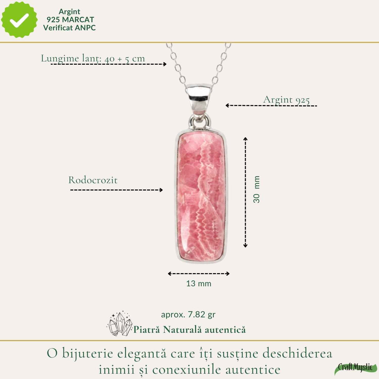 Colier Argint 925 cu Rodocrozit Natural Dreptunghi – Echilibru si Energie Autentica