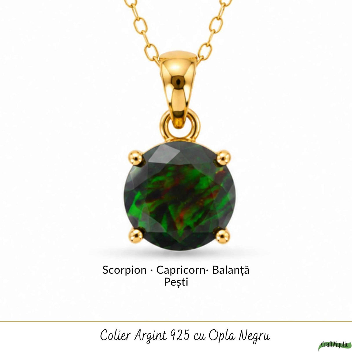 Colier Argint 925 Placat cu Aur 18K cu Opal Negru Rotund – Protectie si Mister