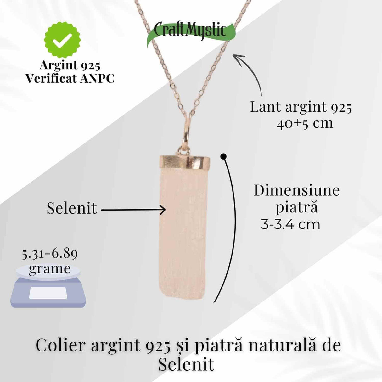 Colier Argint 925 cu Selenit Brut - Lumina Purificarii si Claritatii Interioare