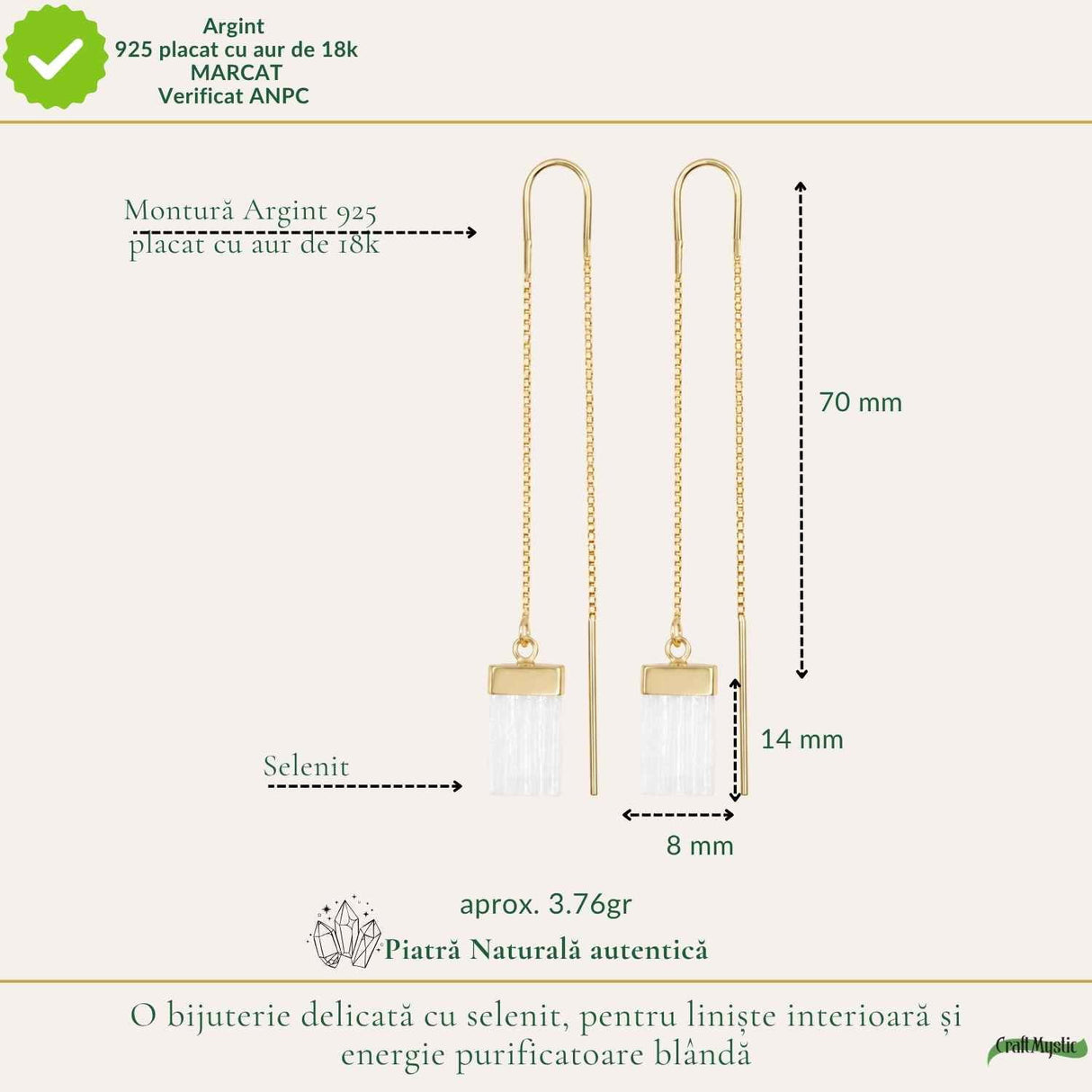 Cercei Argint 925 Placat cu Aur 18K cu Selenit Dreptunghiular – Liniste si Purificare