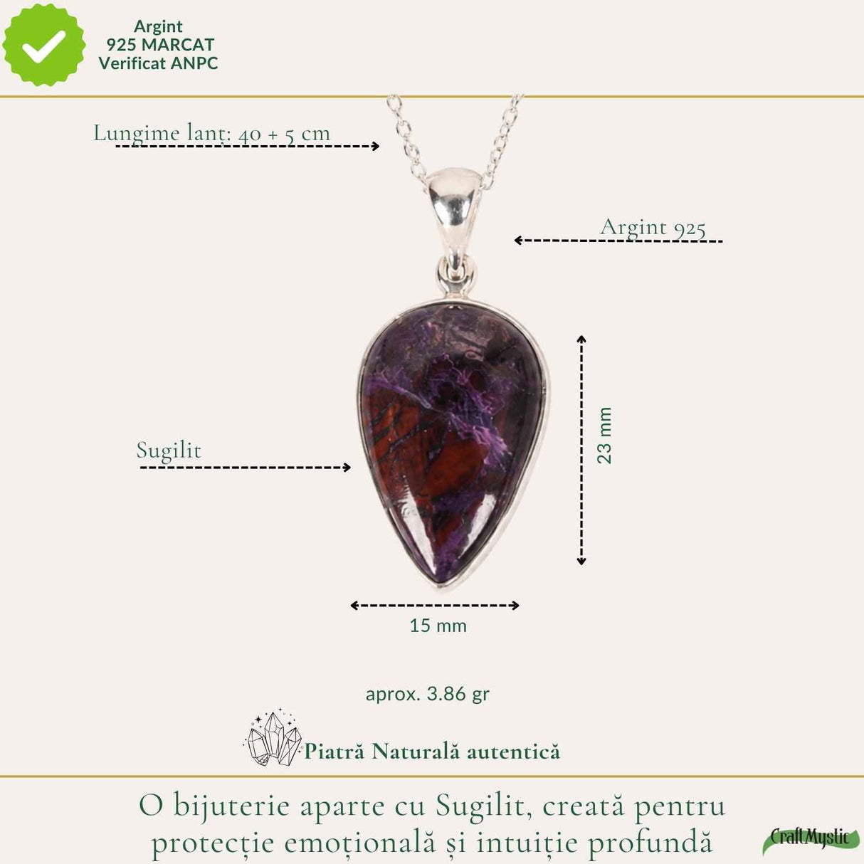Colier Argint 925 cu Sugilit Lacrima – Protectie Emotionala si Echilibru Spiritual