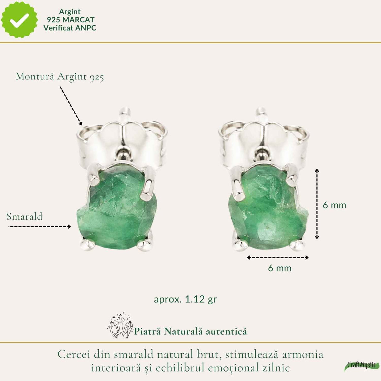 Cercei Argint 925 cu Smarald Brut Natural – Energie Verde si Eleganta Autentica