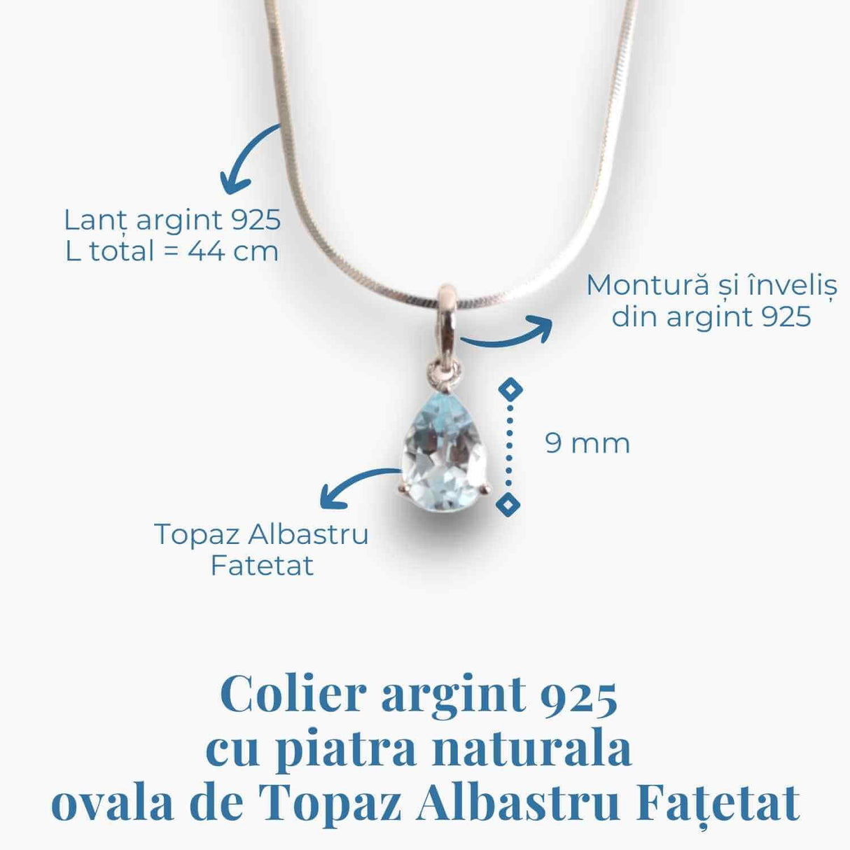 Colier din argint 925 cu topaz albastru fatetat - Claritate si calm interior