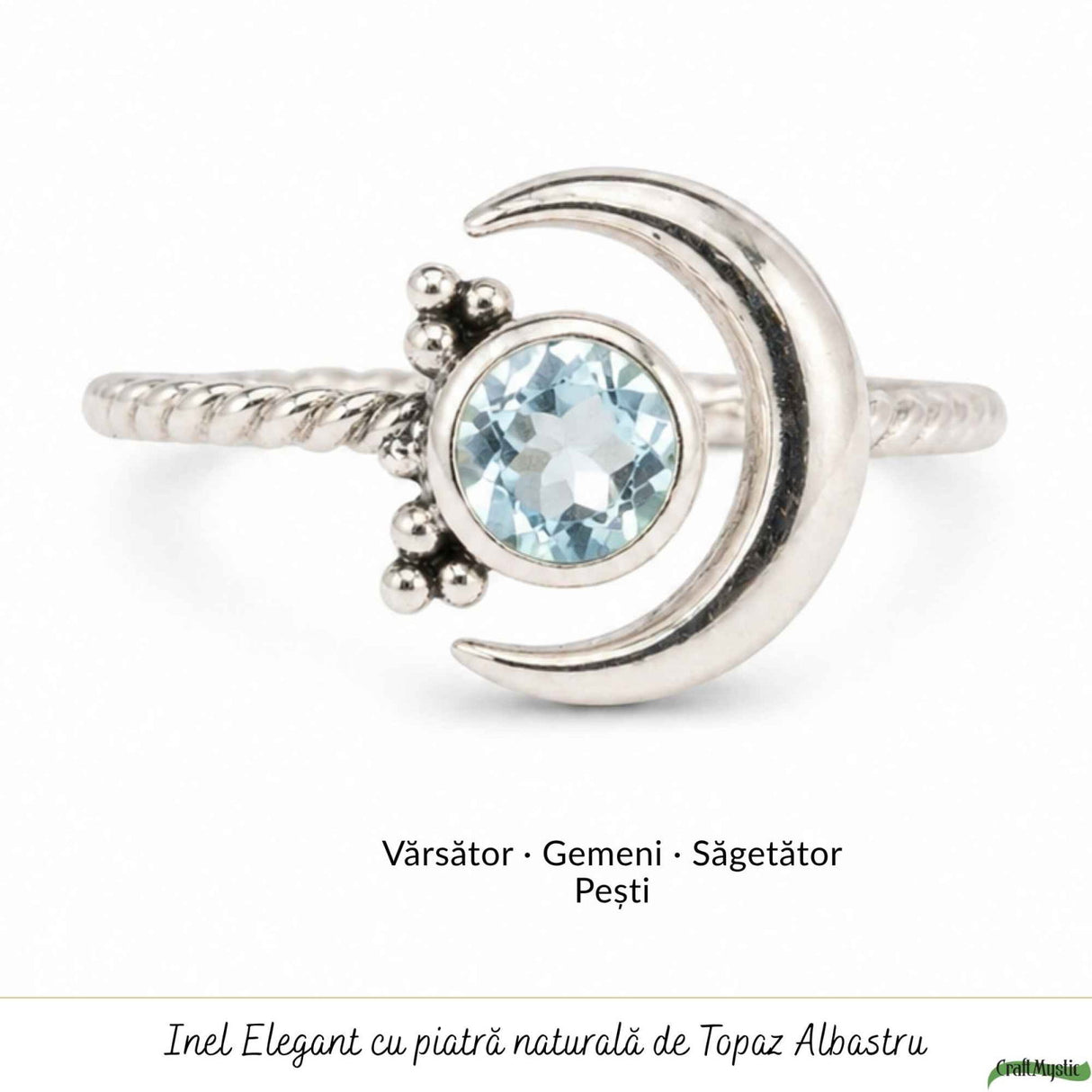 Inel argint 925 cu Topaz Albastru luna si soare – claritate si echilibru interior