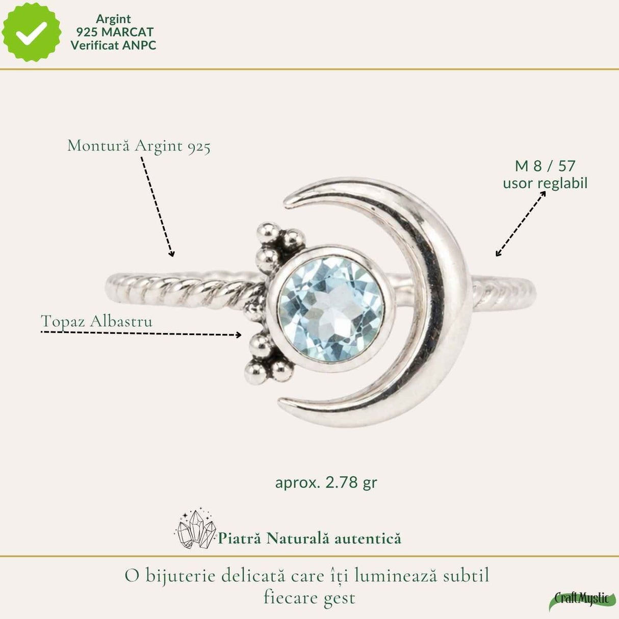 Inel argint 925 cu Topaz Albastru luna si soare – claritate si echilibru interior