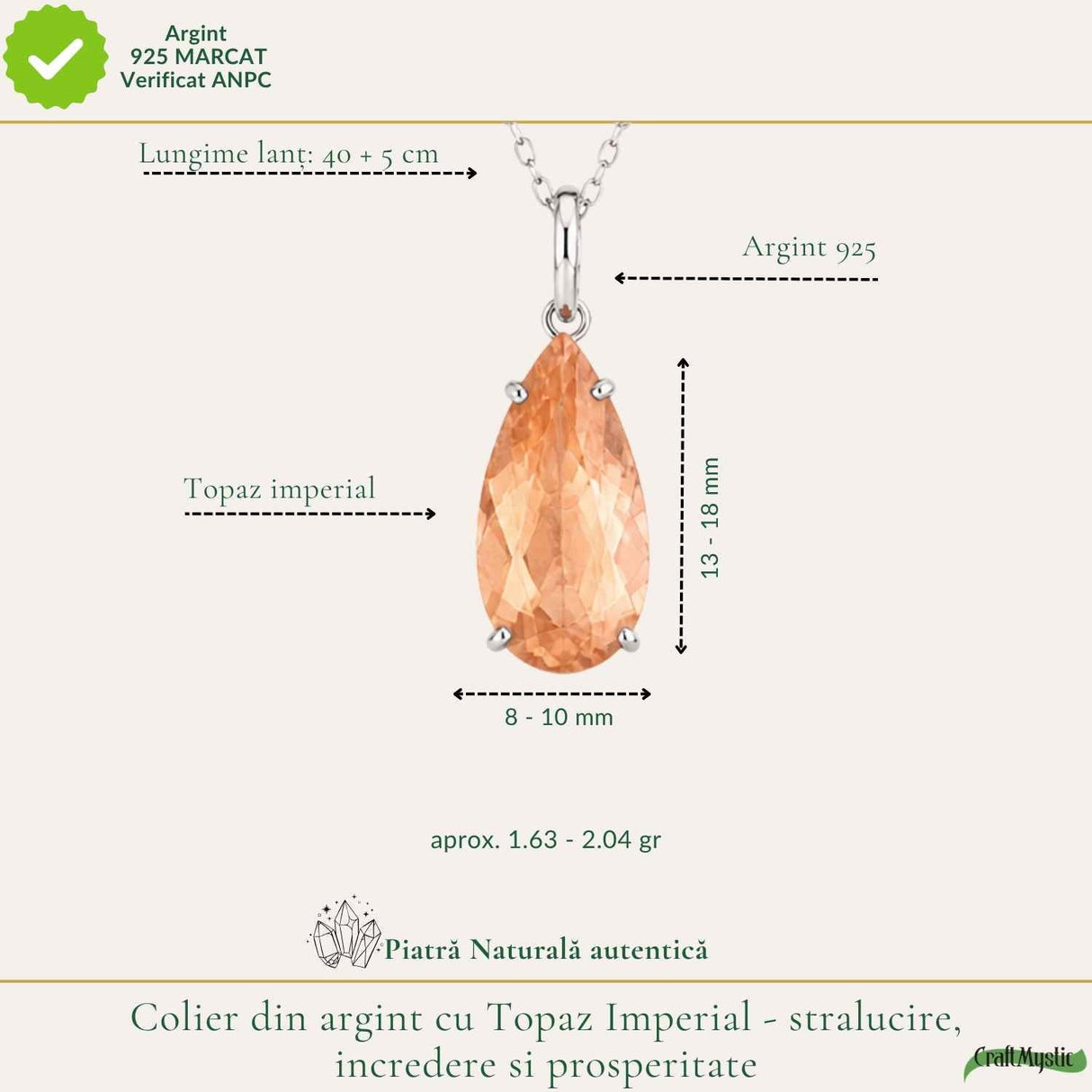 Colier Argint 925 cu Topaz Imperial Lacrima – Abundenta si incredere in Tine
