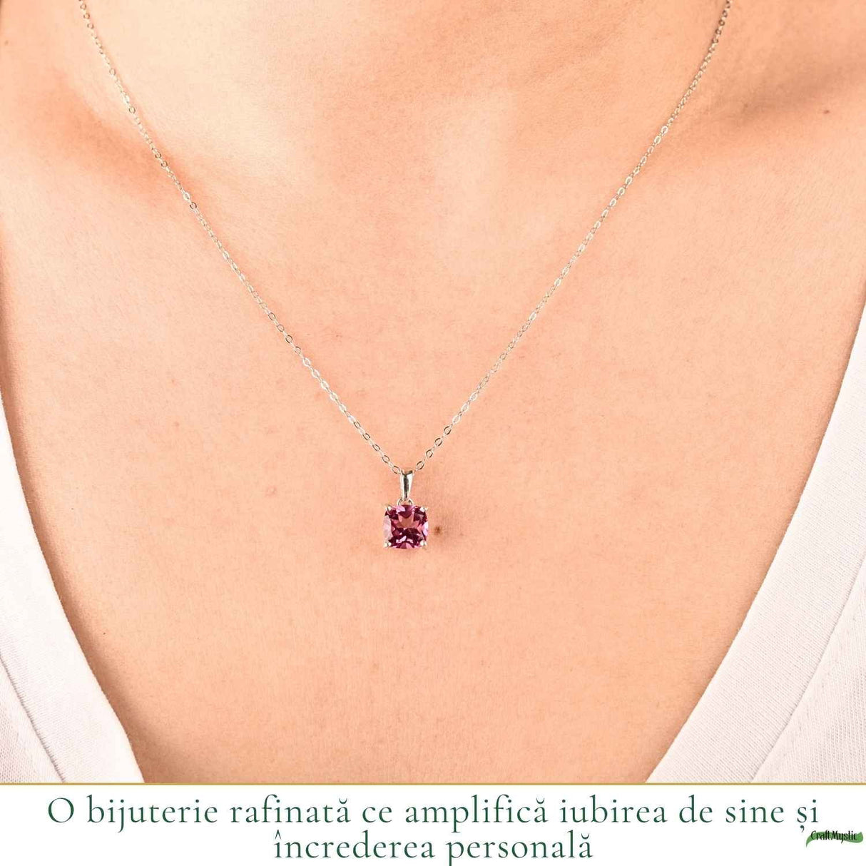 Colier Argint 925 cu Topaz Roz Patrat – Echilibru Emotional si Iubire de Sine