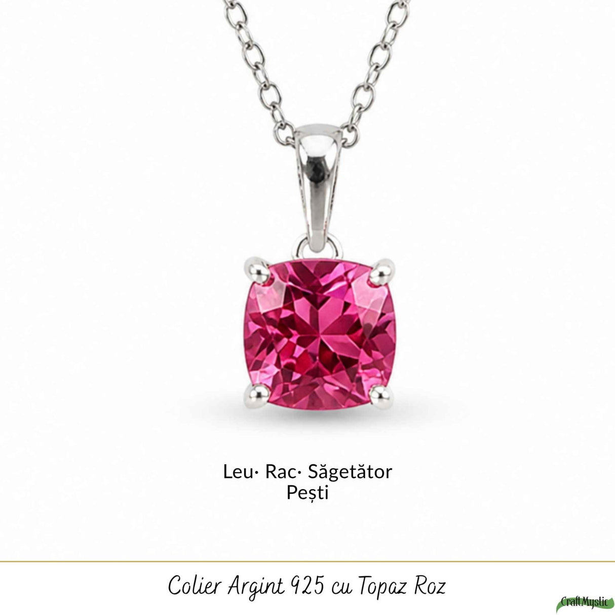 Colier Argint 925 cu Topaz Roz Patrat – Echilibru Emotional si Iubire de Sine