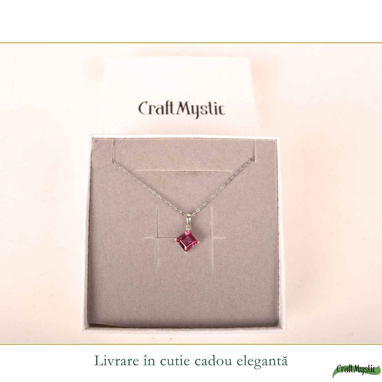 Colier argint 925 cu Topaz Roz forma de patrat – Iubire si echilibru emotional
