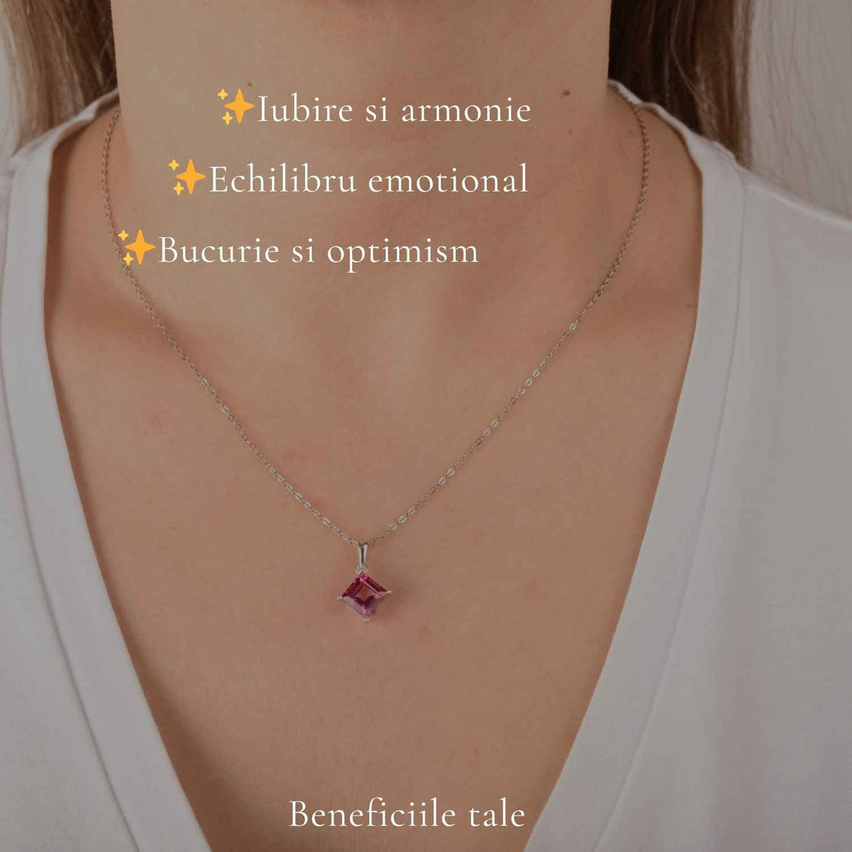 Colier argint 925 cu Topaz Roz forma de patrat – Iubire si echilibru emotional