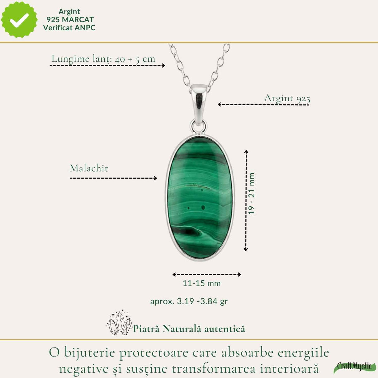 Colier Argint 925 cu Malachit Oval – Protectie si Transformare Interioara