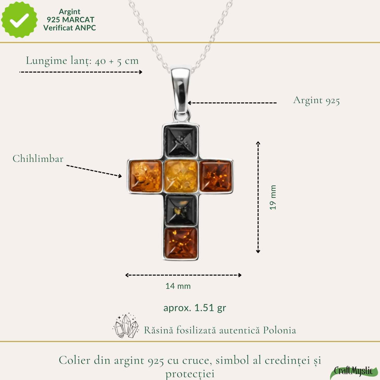 Colier Argint 925 Cruce cu Chihlimbar Natural în 3 Culori - Protectie si Energie Calda