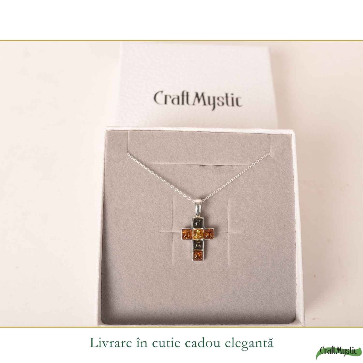 Colier Argint 925 Cruce cu Chihlimbar Natural în 3 Culori - Protectie si Energie Calda