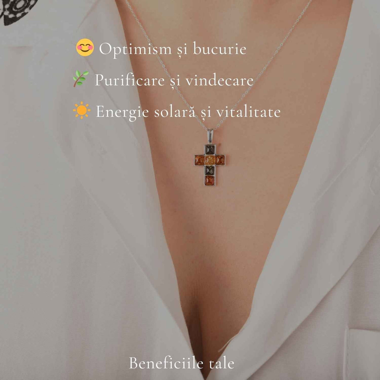 Colier Argint 925 Cruce cu Chihlimbar Natural în 3 Culori - Protectie si Energie Calda
