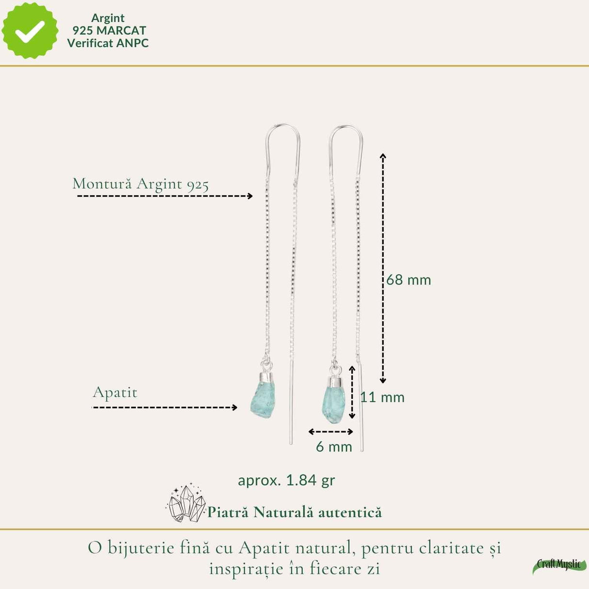 Cercei Lungi Argint 925 cu Apatit Brut Natural – Claritate si Energie Feminina