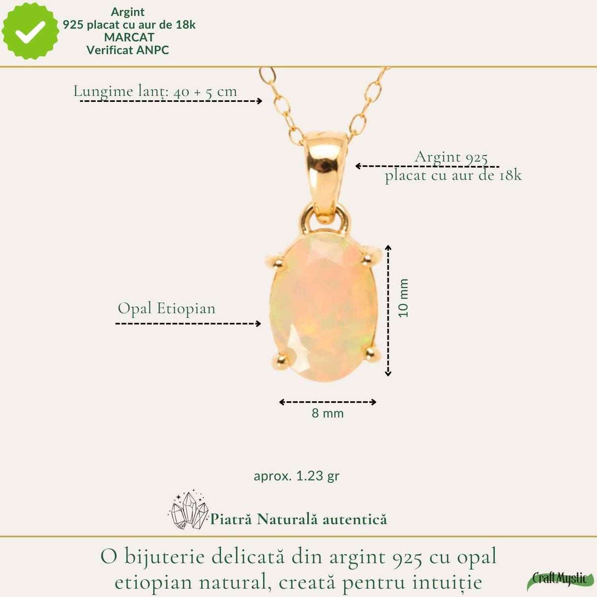 Colier Argint 925 Placat cu Aur 18K cu Opal Etiopian Oval fatetat – Intuitie si Energie Pozitiva