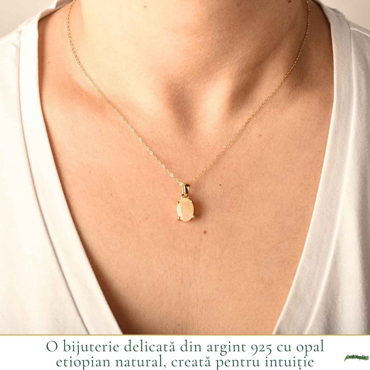 Colier Argint 925 Placat cu Aur 18K cu Opal Etiopian Oval fatetat – Intuitie si Energie Pozitiva