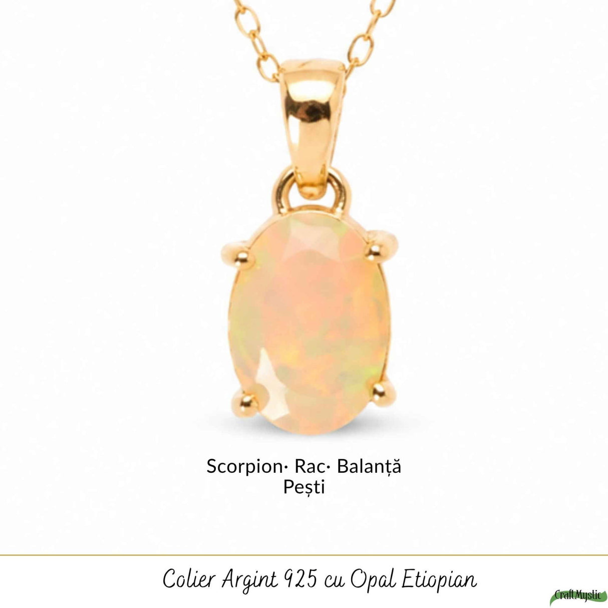 Colier Argint 925 Placat cu Aur 18K cu Opal Etiopian Oval fatetat – Intuitie si Energie Pozitiva