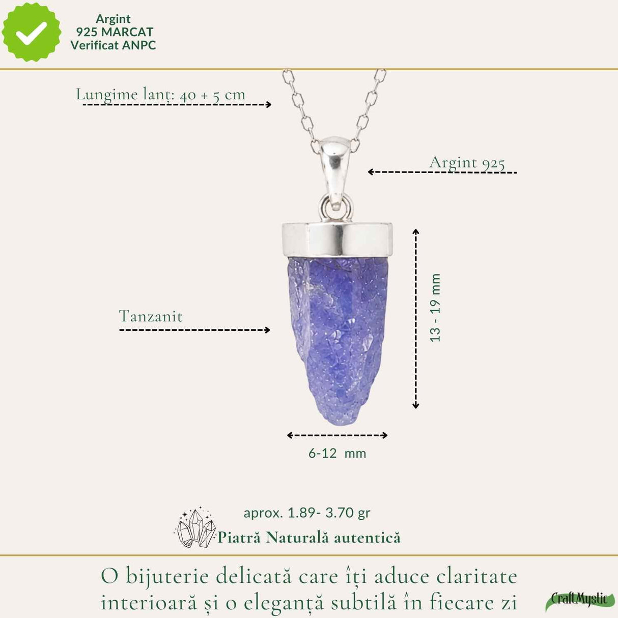 Colier Argint 925 cu Tanzanit Brut – Claritate, Intuitie si Energie Profunda