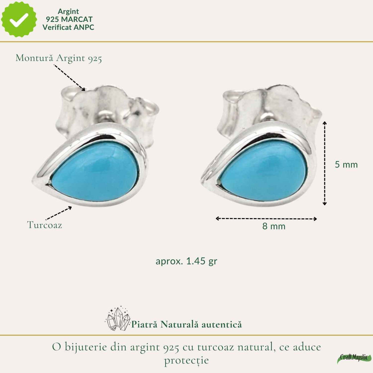 Cercei argint 925 cu turcoaz in forma de lacrima – protectie si echilibru