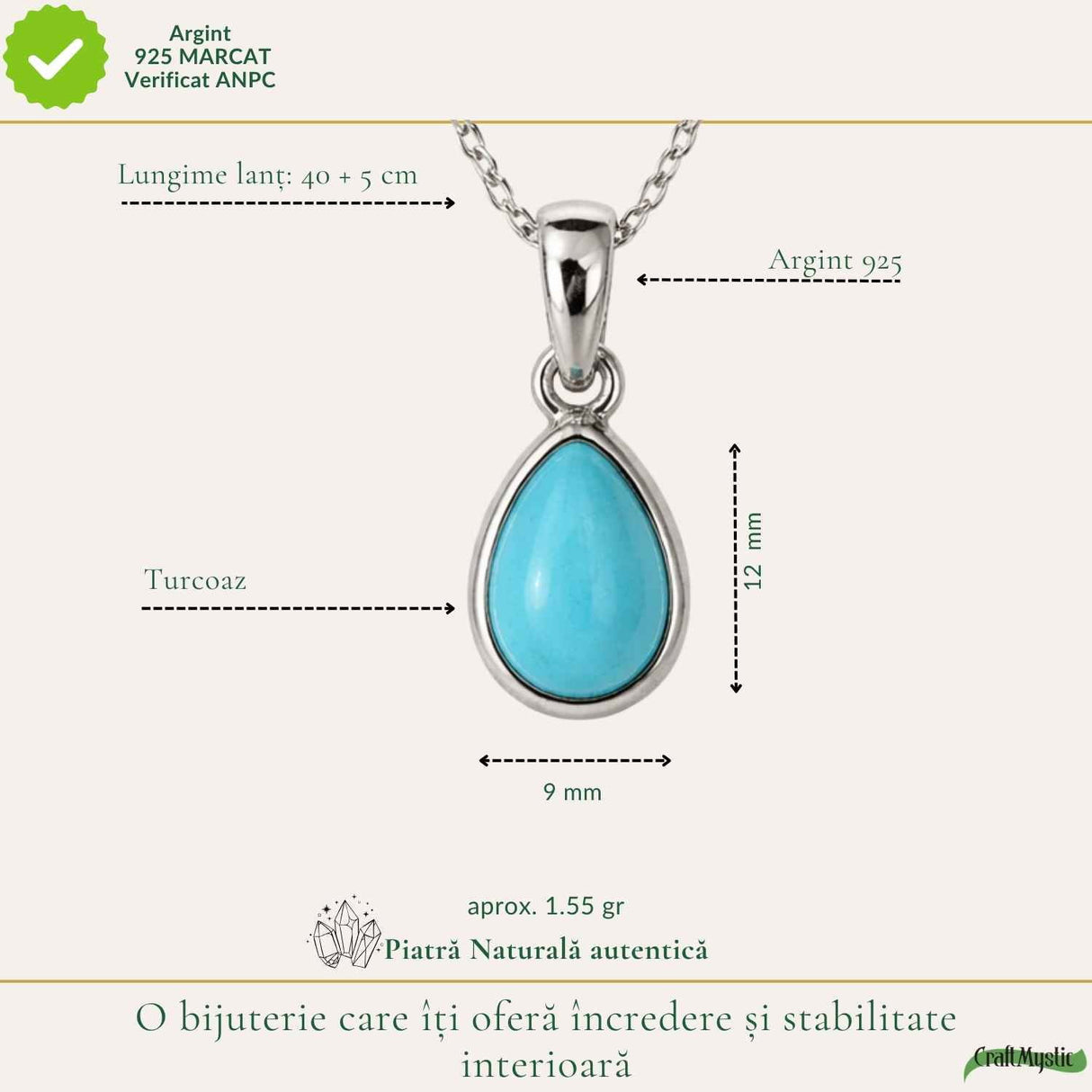 Colier argint 925 cu Turcoaz lacrima – calm si echilibru emotional