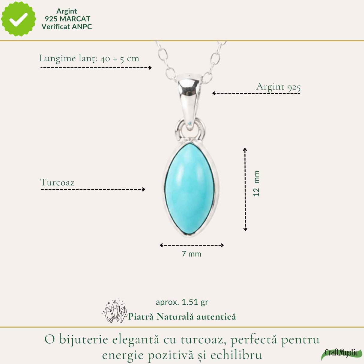 Colier Delicat Argint 925 cu Turcoaz Natural – Calm si Energie Pozitiva