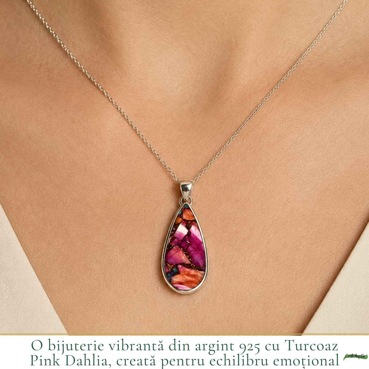 Colier Argint 925 cu Turcoaz Pink Dahlia Lacrima – Creativitate si Energie Pozitiva