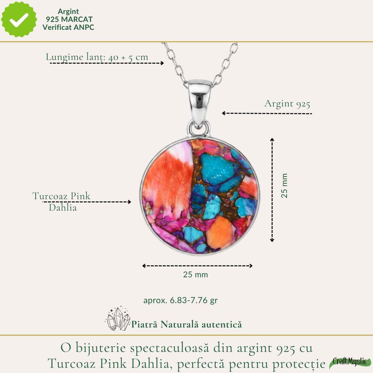 Colier Argint 925 cu Turcoaz Pink Dahlia Rotund – Echilibru si Energie Pozitiva
