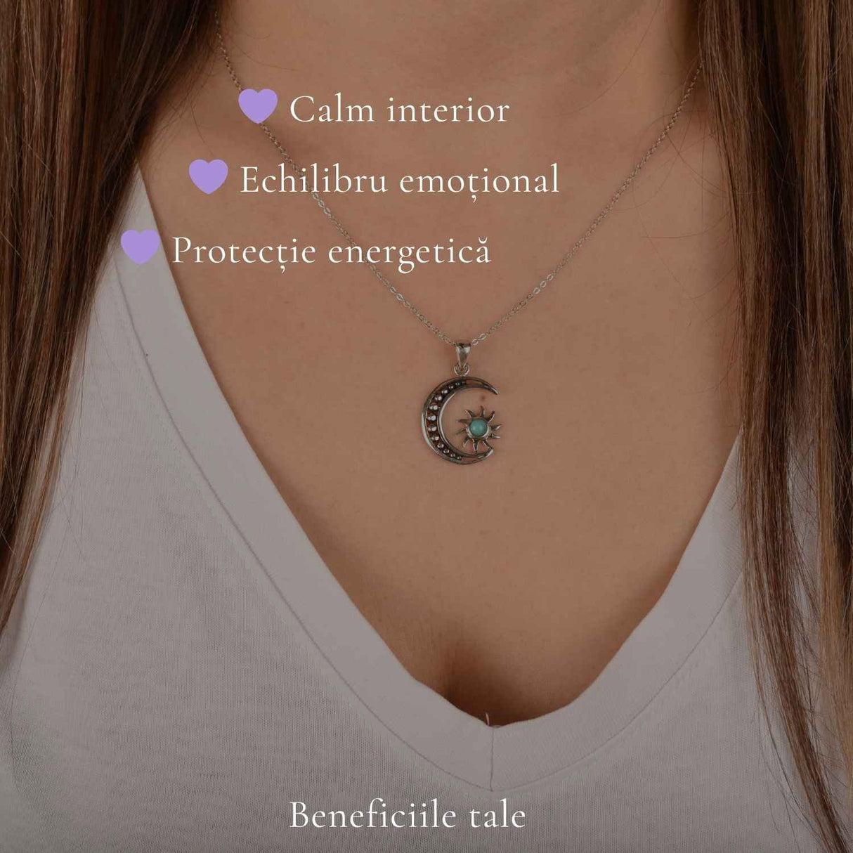 Colier argint 925 cu Turcoaz semiluna si soare – echilibru si protectie zilnica
