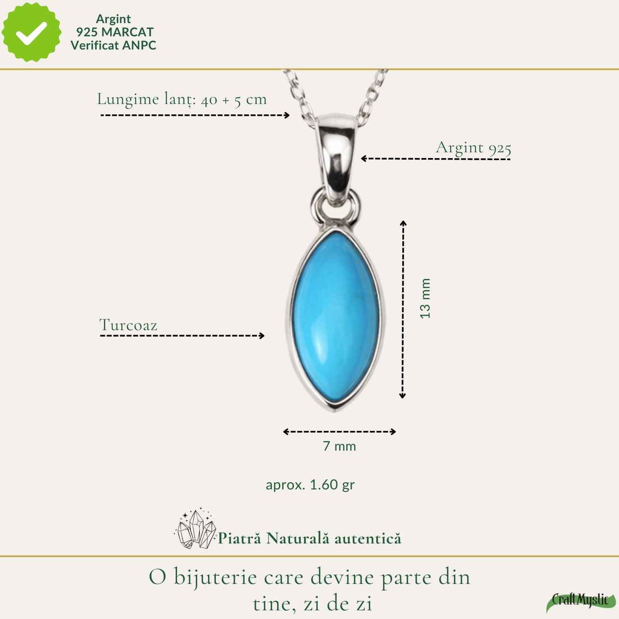 Colier argint 925 cu Turcoaz delicat – calm si echilibru feminin
