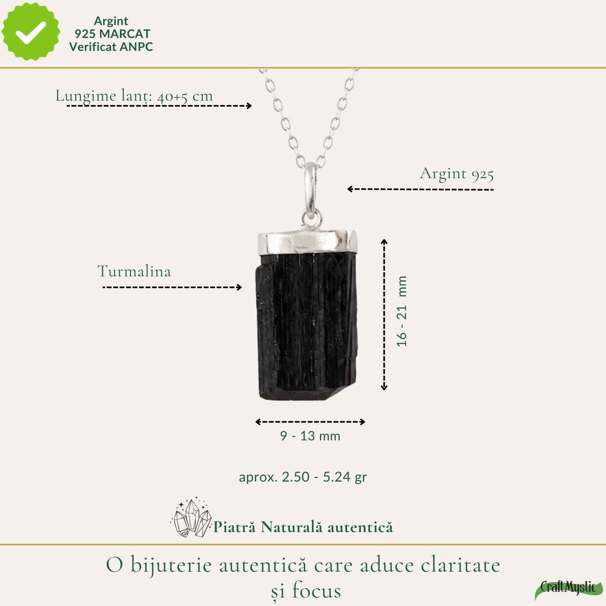 Colier Argint 925 cu Turmalina Neagra Bruta – Protectie si Stabilitate Interioara