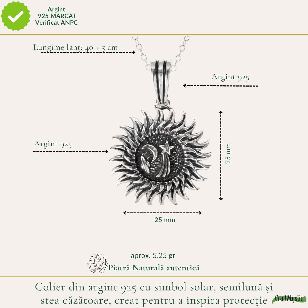 Colier Argint 925 Soare si Semiluna – Protectie, Echilibru si Energie Mistica