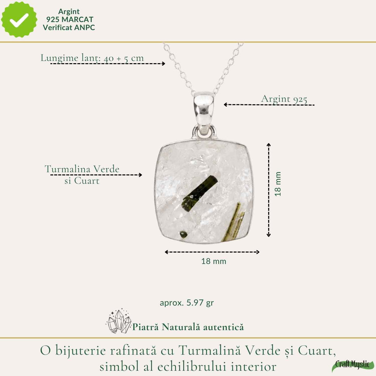Colier Argint 925 cu Turmalina Verde si Cuart Patrat – Armonie si Energie Pozitiva
