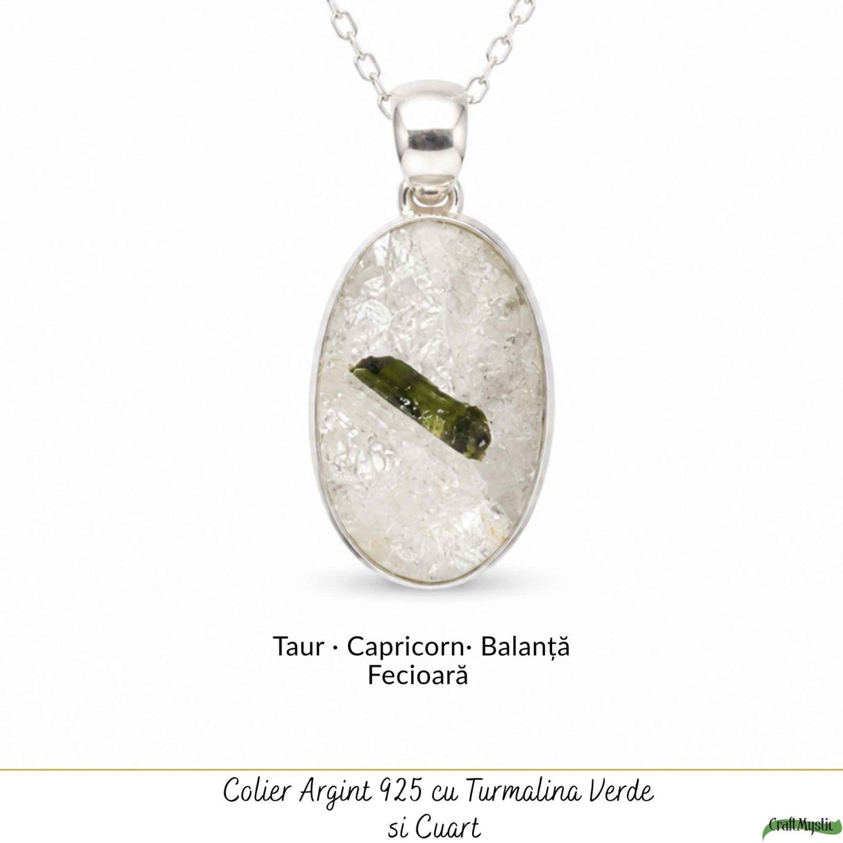 Colier Argint 925 cu Turmalina Verde si Cuart Oval – Armonie si Energie Pozitiva