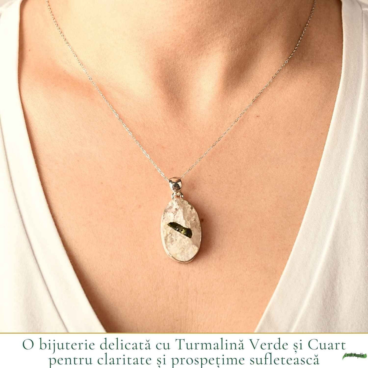 Colier Argint 925 cu Turmalina Verde si Cuart Oval – Armonie si Energie Pozitiva