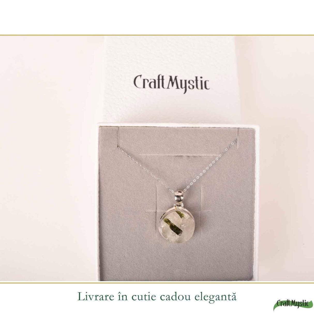 Colier Argint 925 cu Turmalina Verde si Cuart Rotund – Armonie si Energie Pozitiva