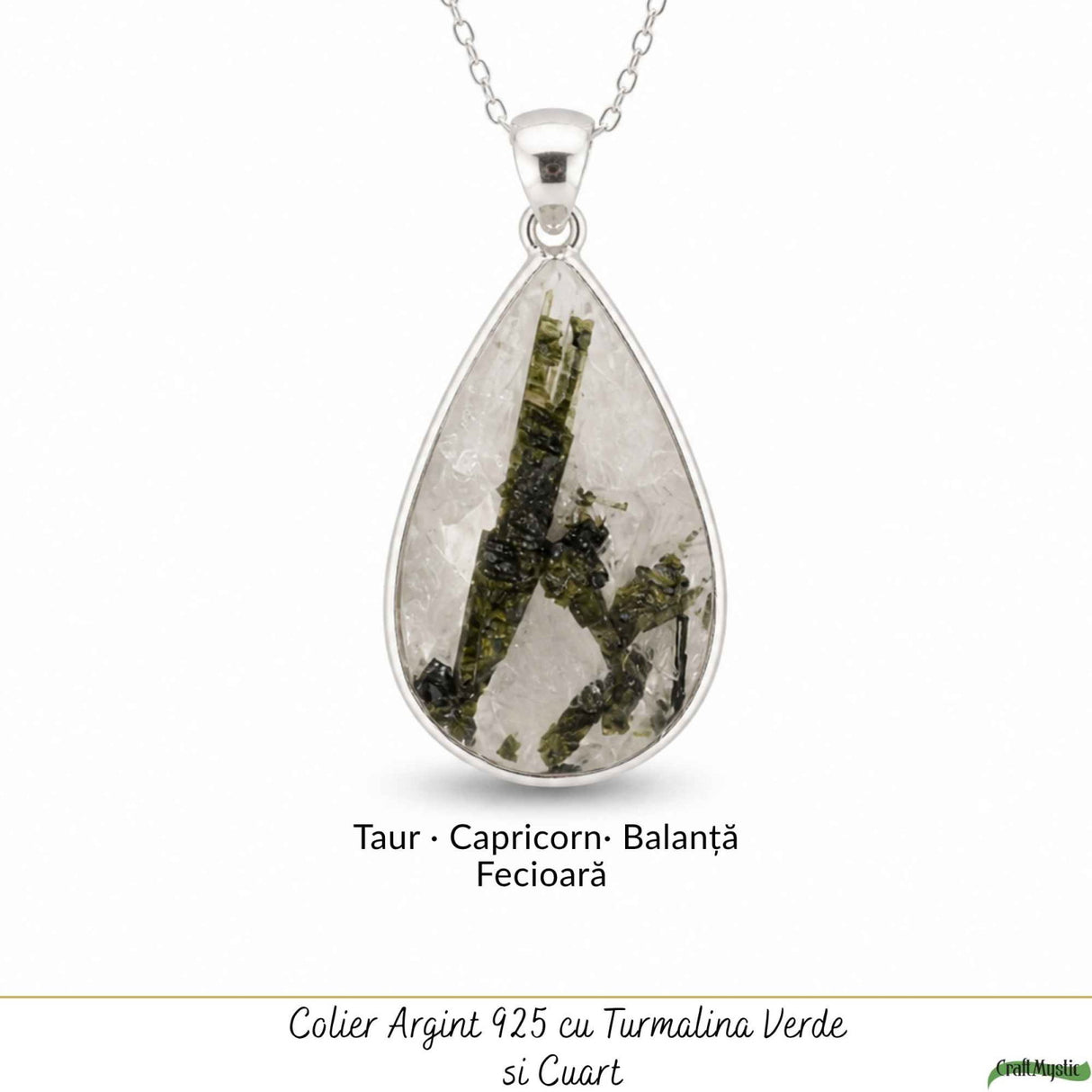 Colier Argint 925 cu Turmalina Verde si Cuart Lacrima – Armonie si Claritate