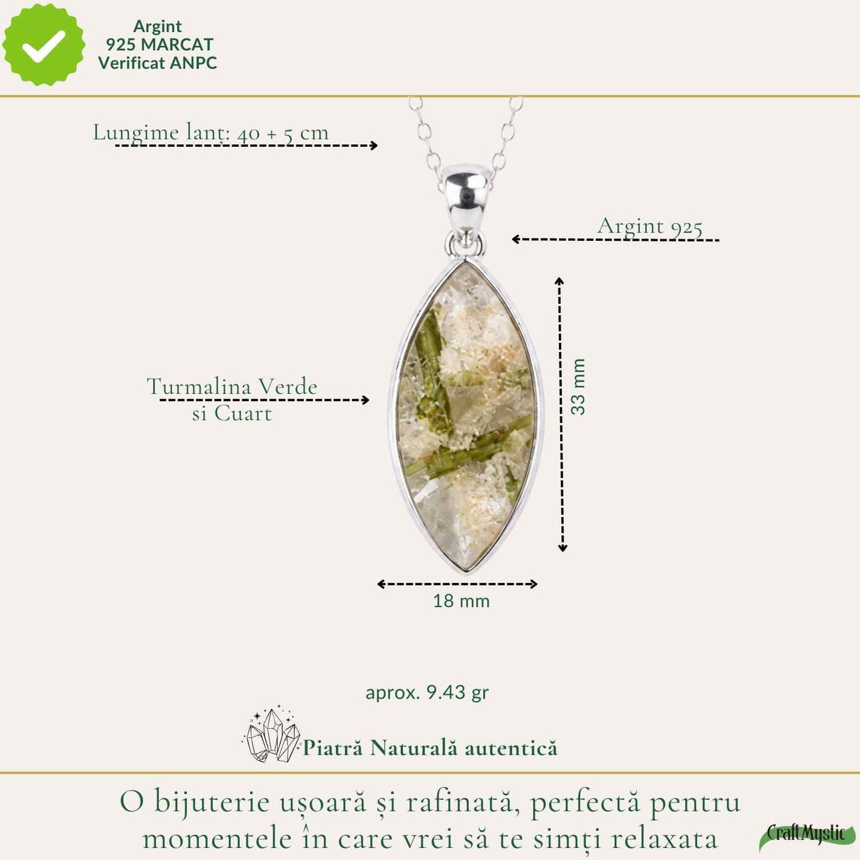 Colier Argint 925 cu Turmalina Verde si Cuart – Armonie si Energie Naturala